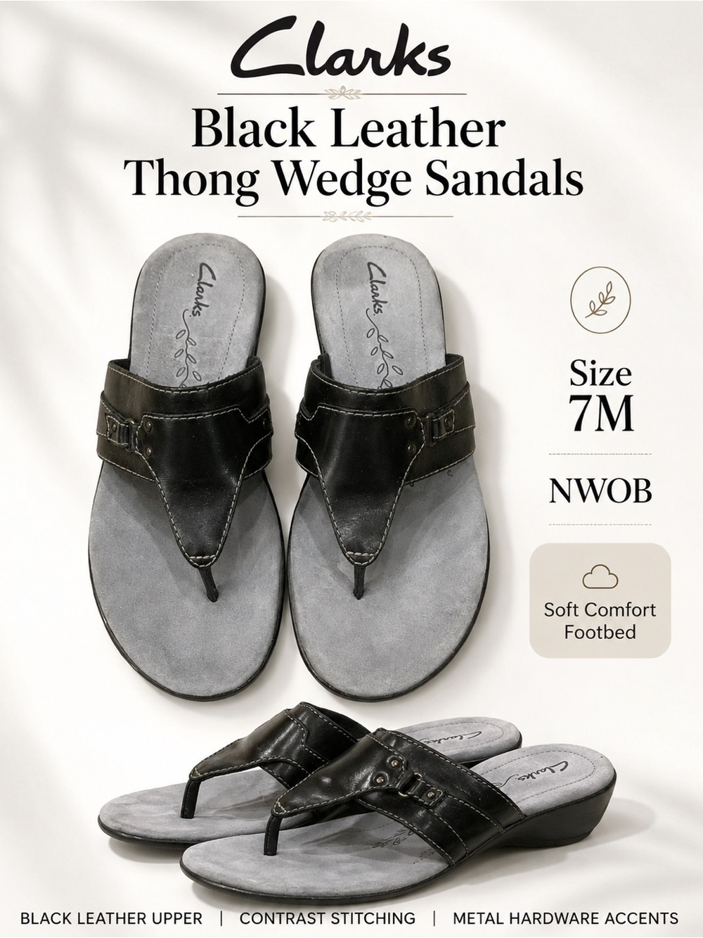 Clarks Black Leather Thong Wedge Sandals Flip Flops Size 7M (New)
